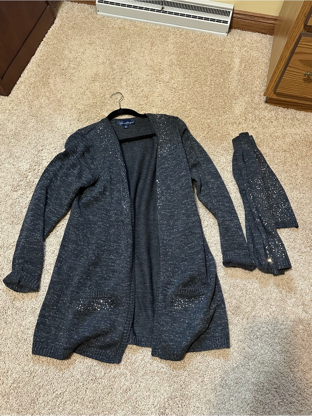 Susan Graver Dark Charcoal Open-Front Metallic Thread Cardigan